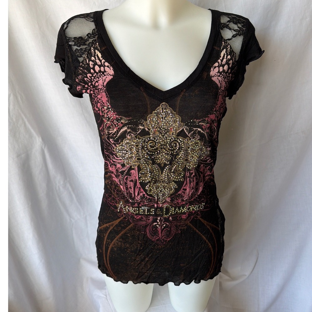 Angels & Diamonds‎ Graphic Black Pink Rhinestone Lace Goth Grunge 2000s Medium